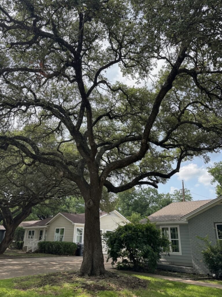 Mature oak with lion’s-tailed canopy—foliage concentrated at the tips of long limbs over a residential street.